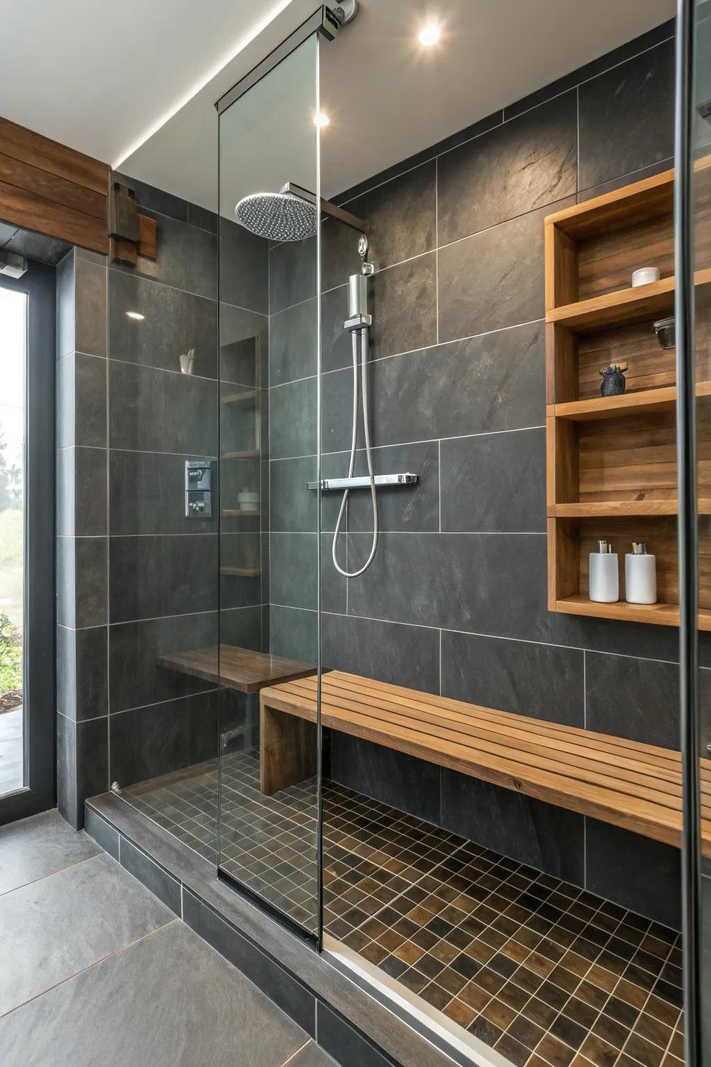 Wood details soften the strong aesthetic of deep charcoal panes.