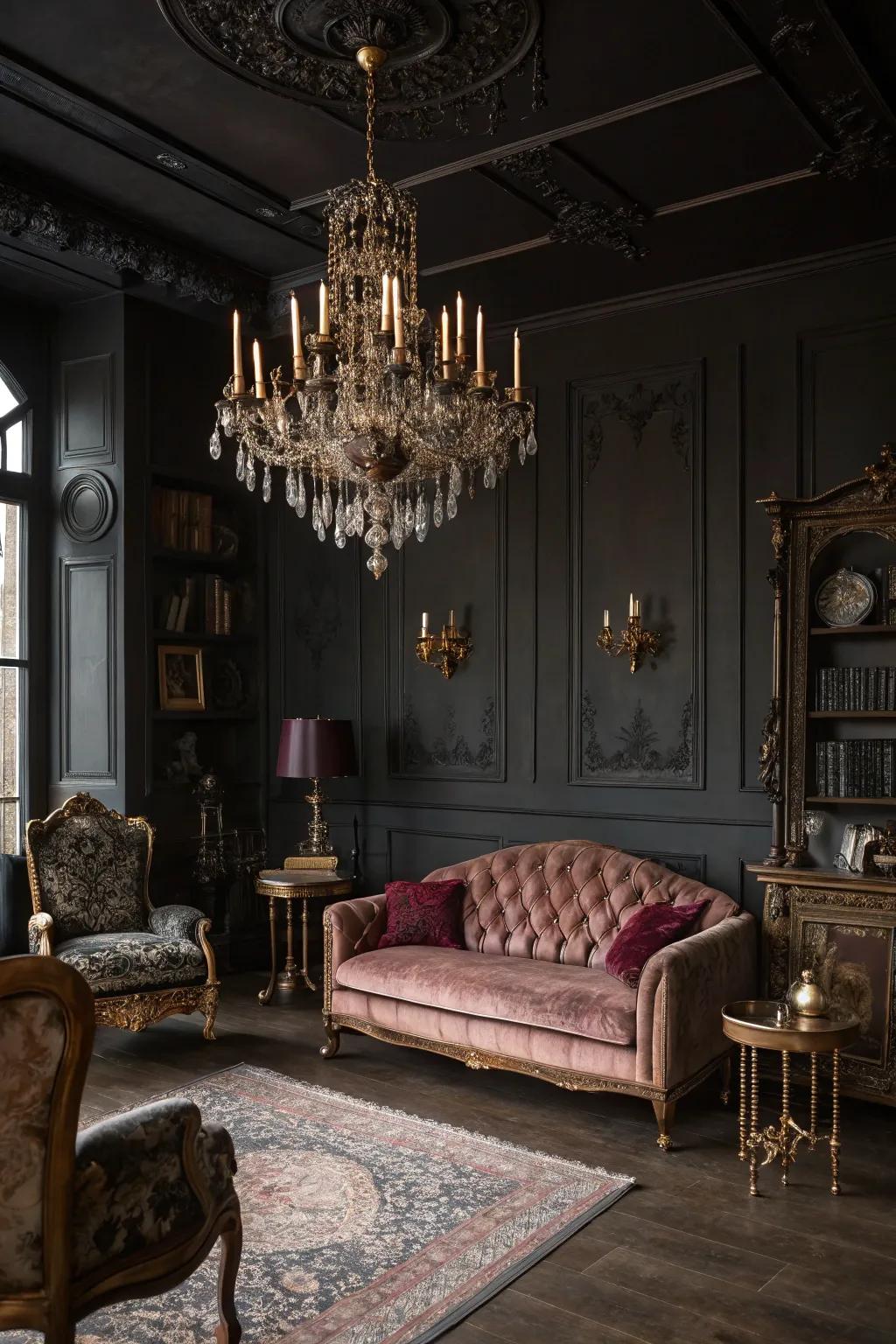 A gothic glam living room with antique flair and dark tones.