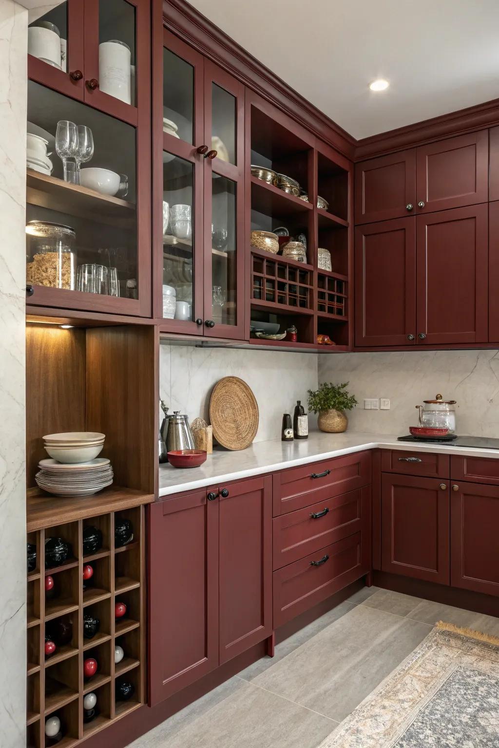 Scarlet-toned cabinets matched with accessible shelving for a tailored feel.