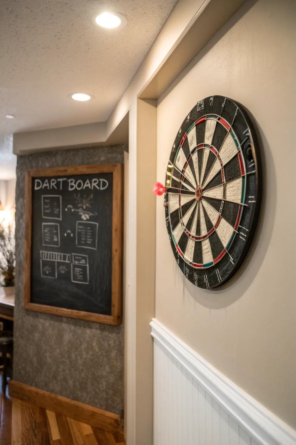 A chalkboard adds use and charm to your dart board setup.