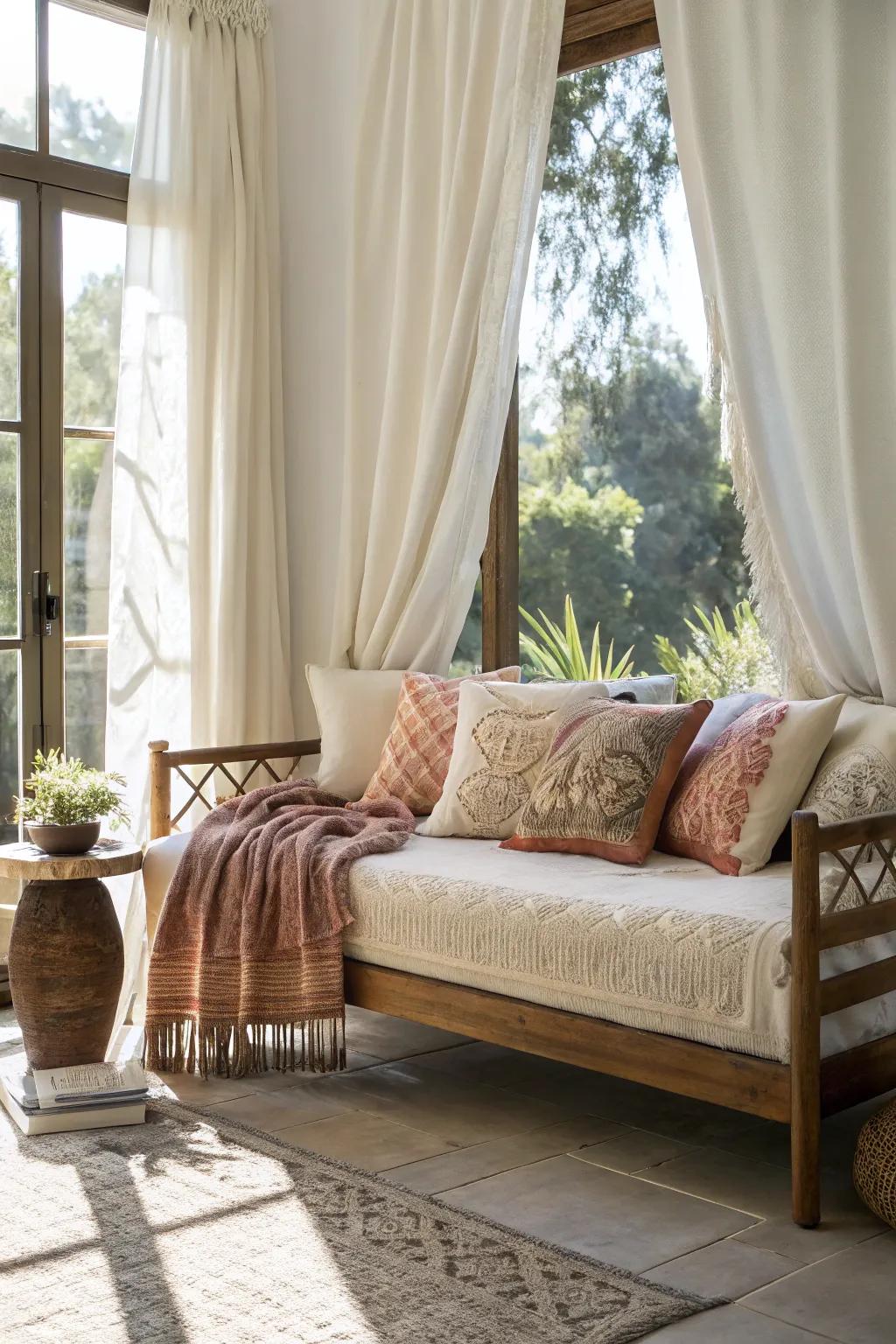 Natural light enhances the inviting ambiance of this daybed arrangement.