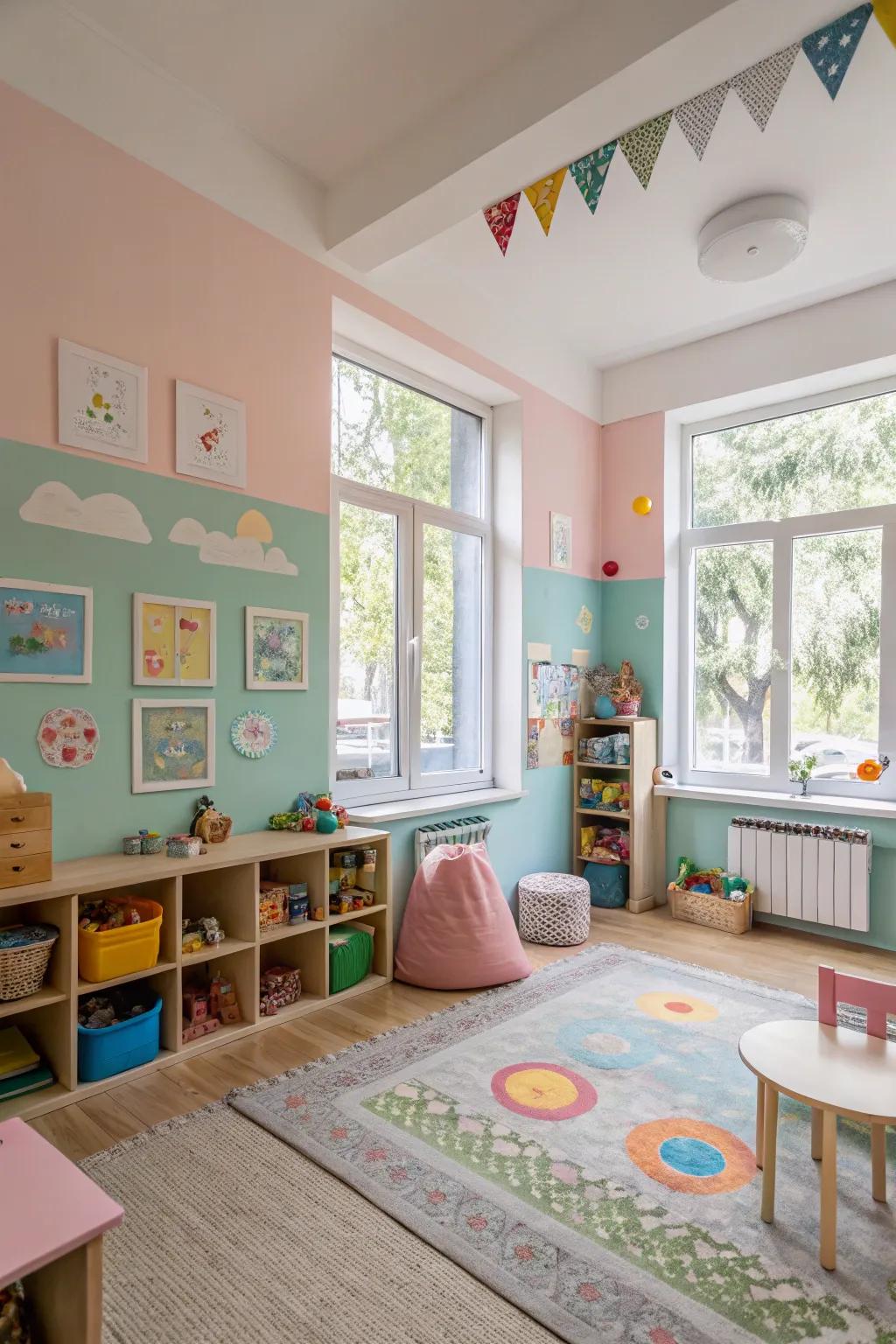 A daycare room that’s calming yet fun with a mix of bright and soft colors.