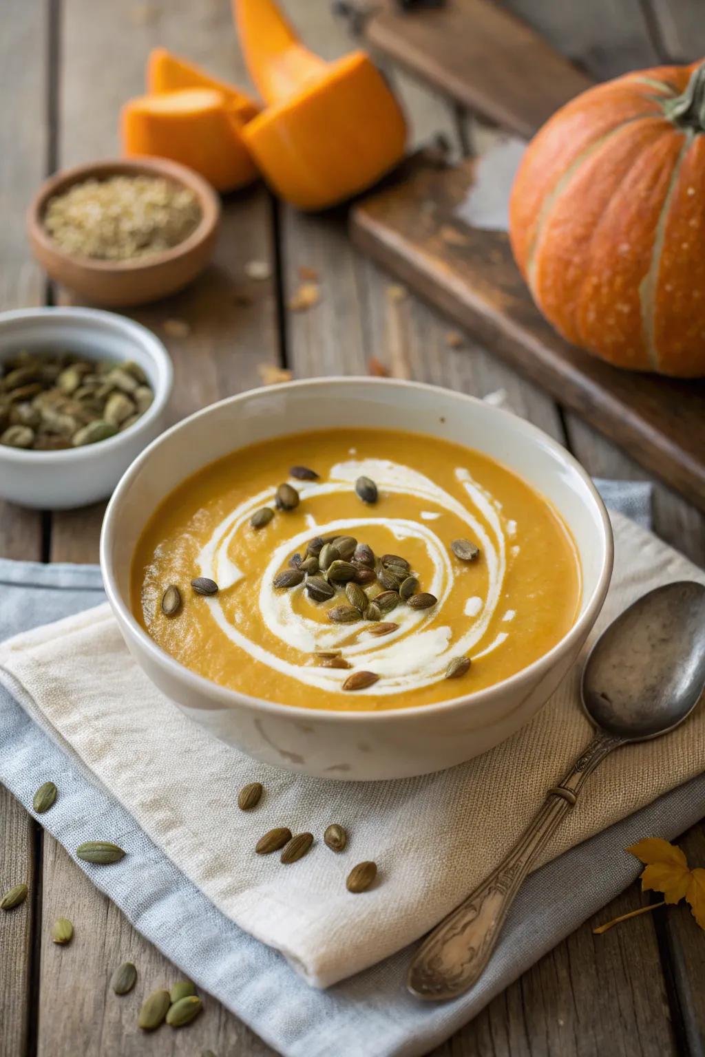Velvet pumpkin bisque, a heartwarming start to any December meal.