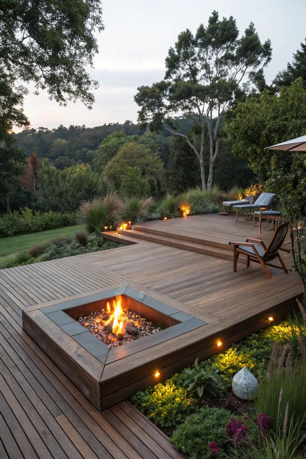 A raised deck with a hearth makes a roomy and welcoming open-air space.
