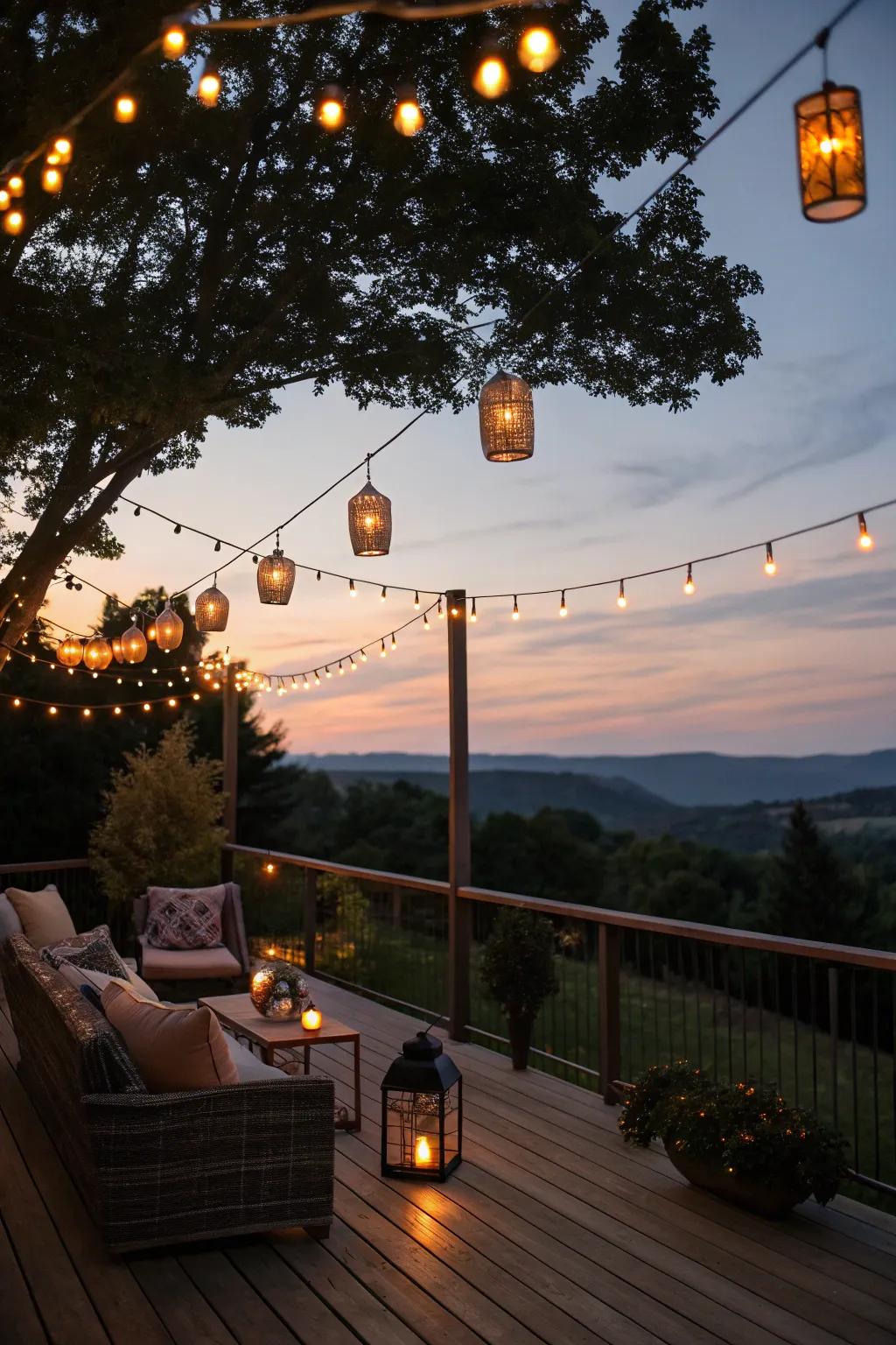 Deck lighting that creates a cozy and magical evening ambiance.