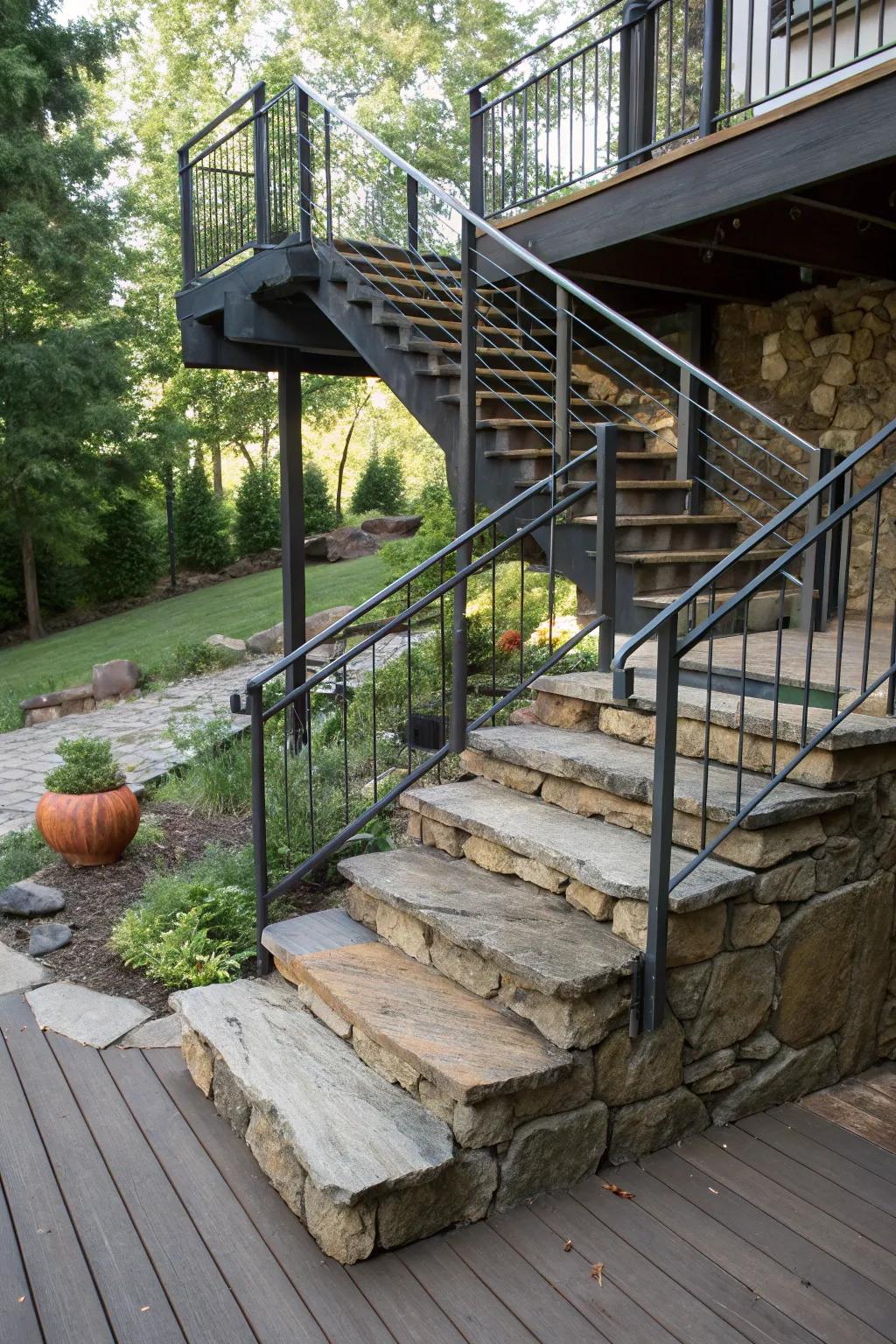 Combine stone and metal for a striking stair design.