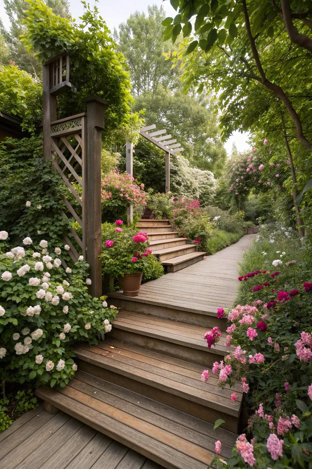 Deck steps wonderfully combined with greenery