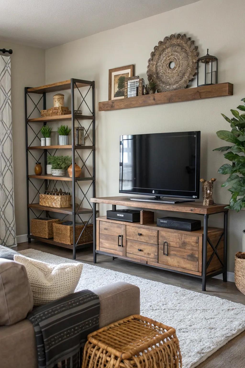 Diverse textures enhance character and coziness in the TV area.