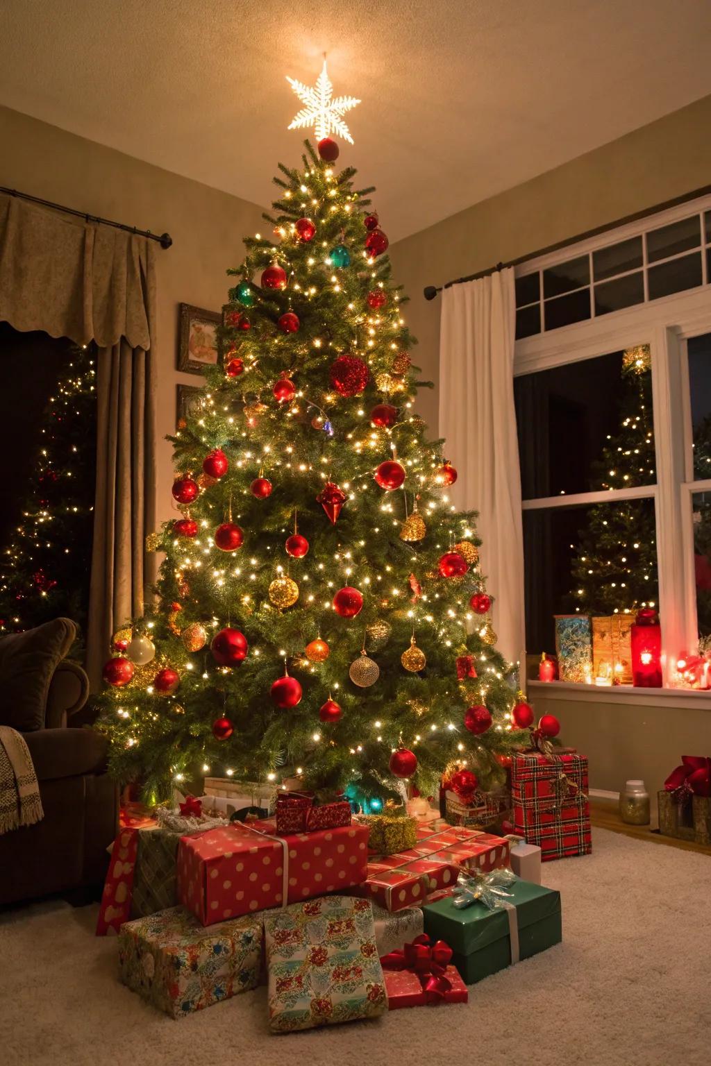 A lively Christmas tree sporting party-style lights and vibrant decorations.