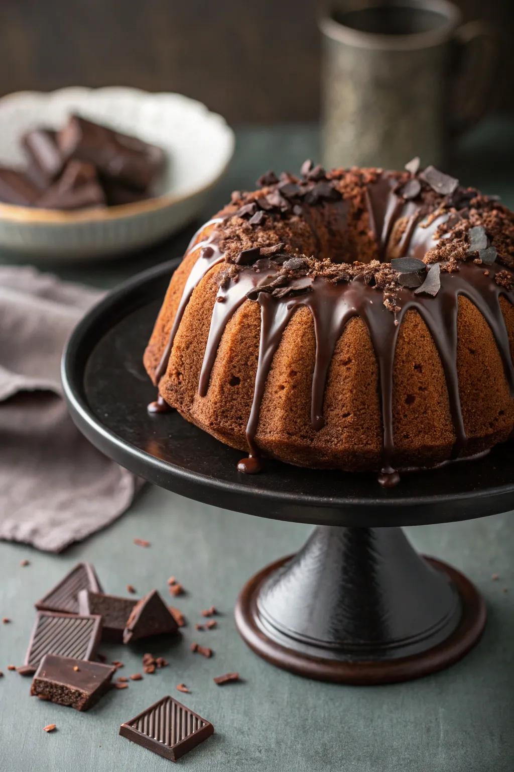 A bundt cake drizzled with rich chocolate and shavings.
