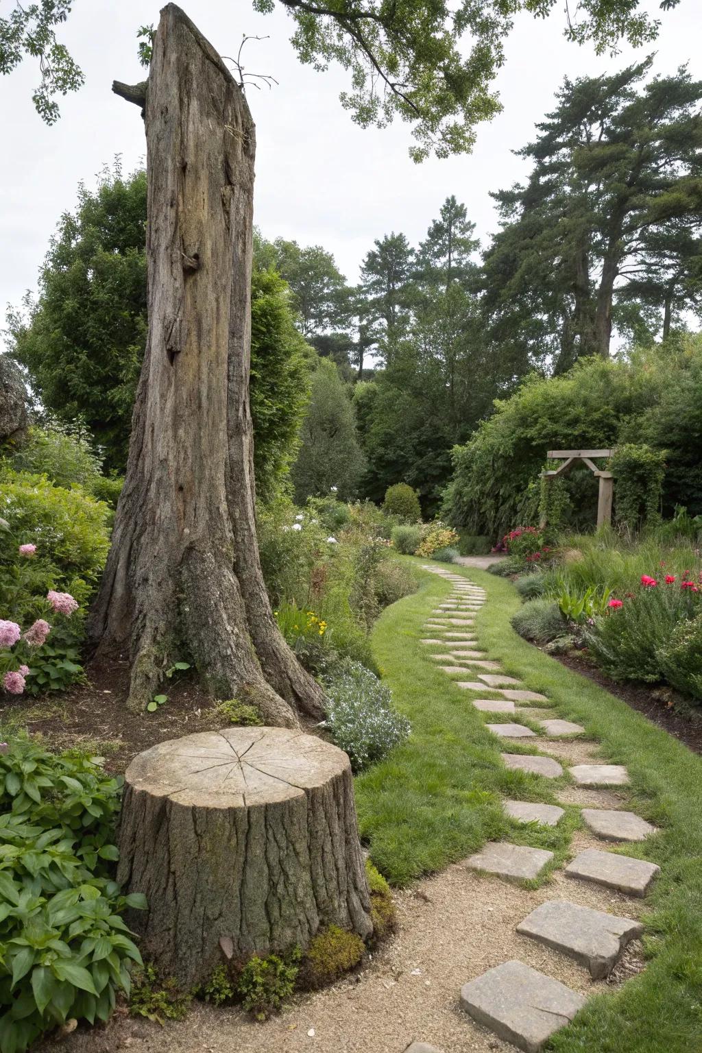 Integrate your stump into a rustic garden pathway.