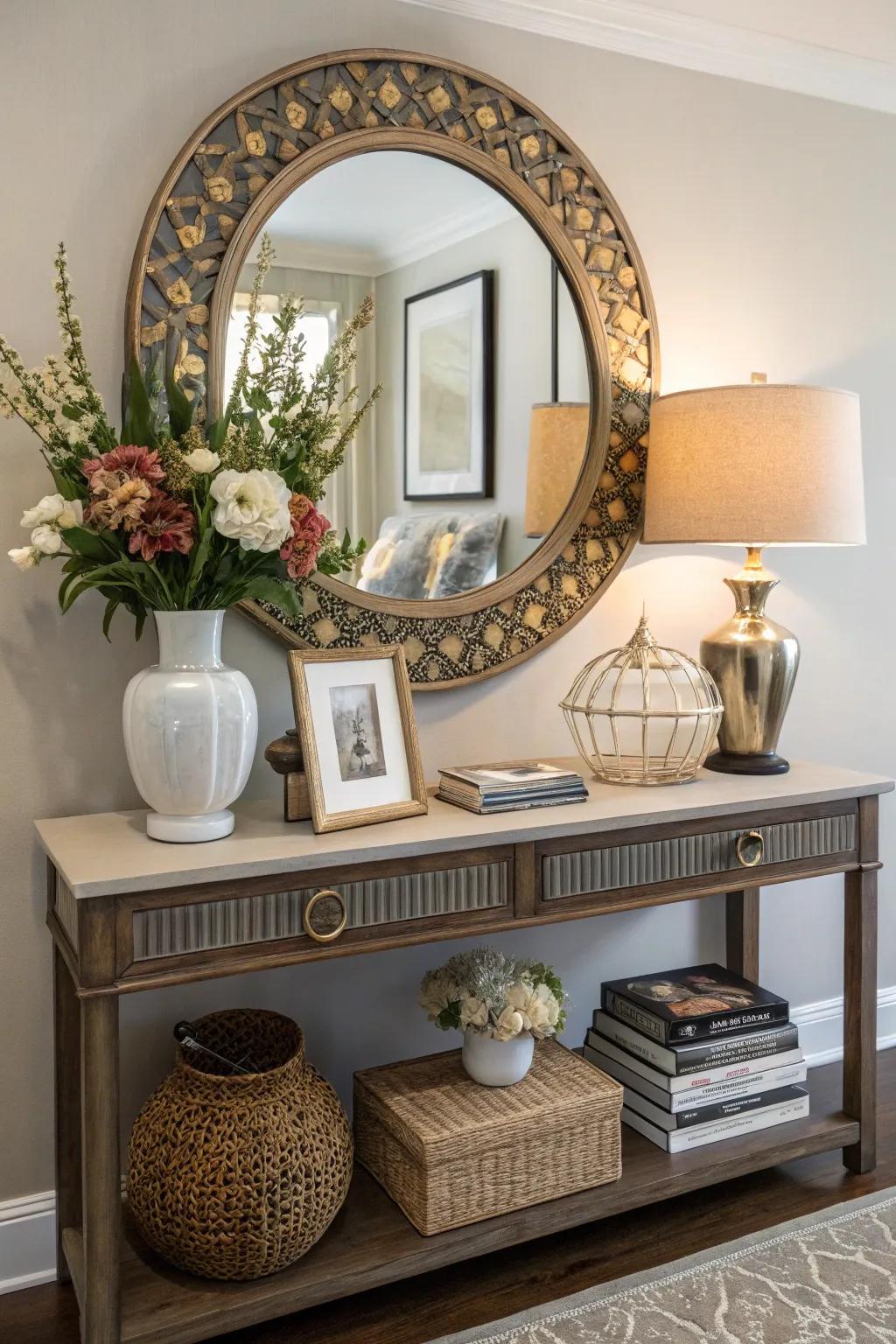 A mirror above a console table merges style with practicality.