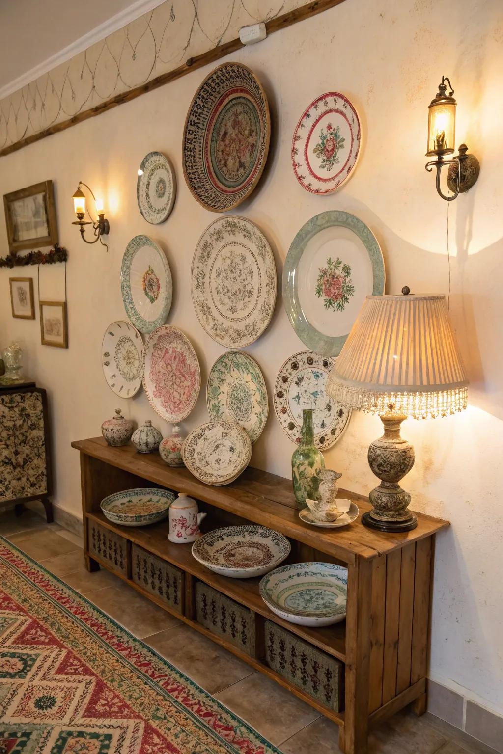 Vintage dishes add a nostalgic accent to the decorating.