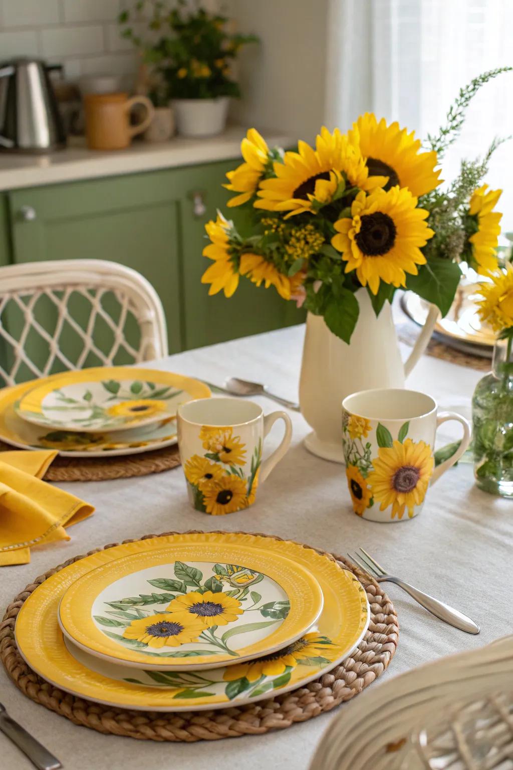 Tableware with a sunflower theme adds a burst of joy to every meal.