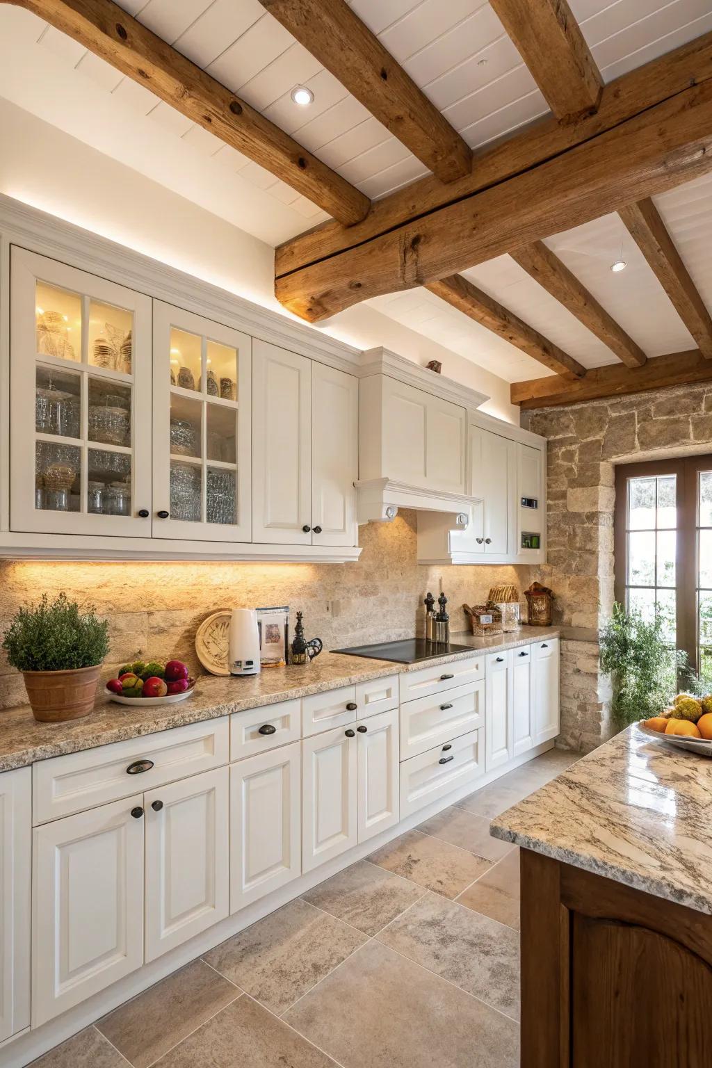 Timber beams add a sense of warmth and character to a welcoming kitchen environment.