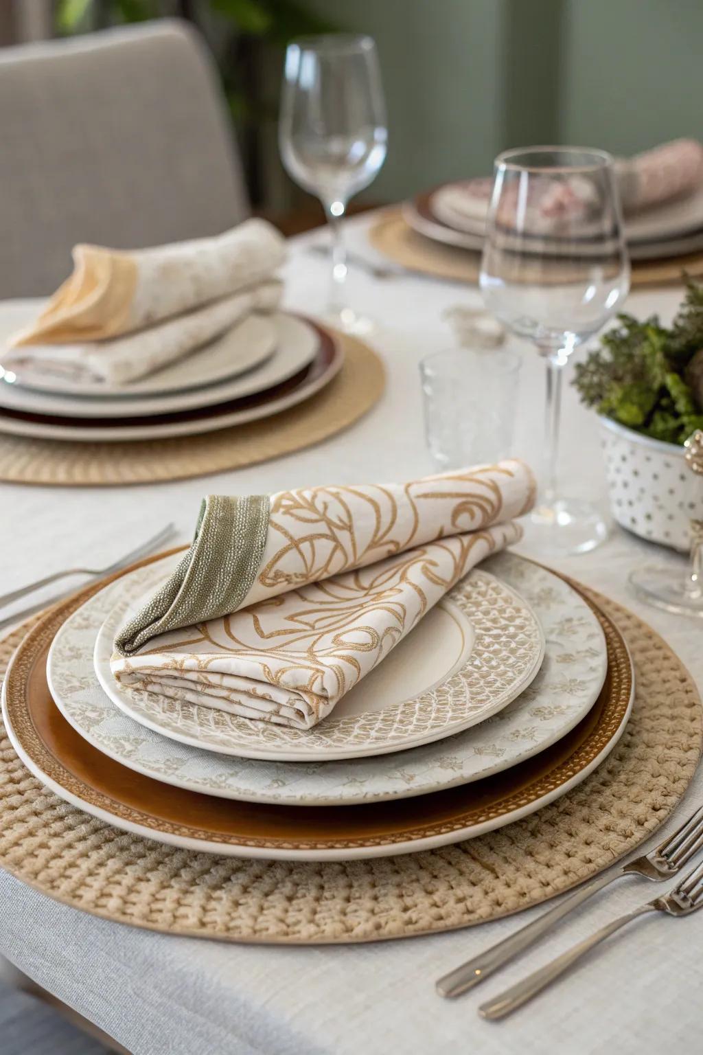 Layered serving plates with textiles for added sophistication.