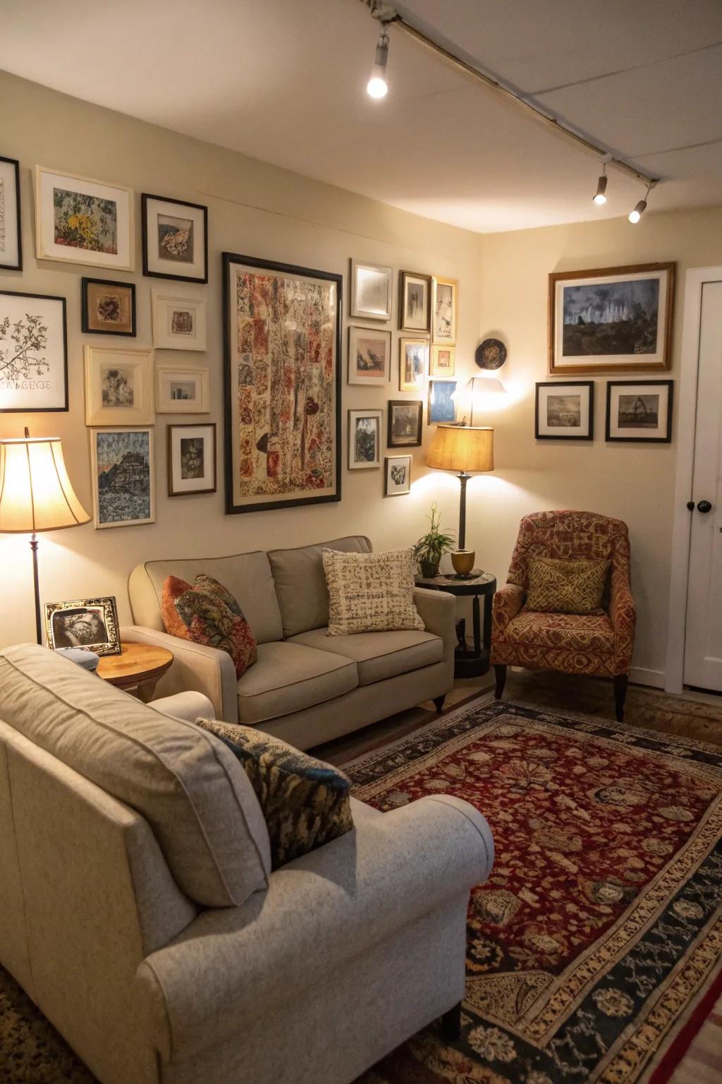 Creative works bringing personality to a snug den.