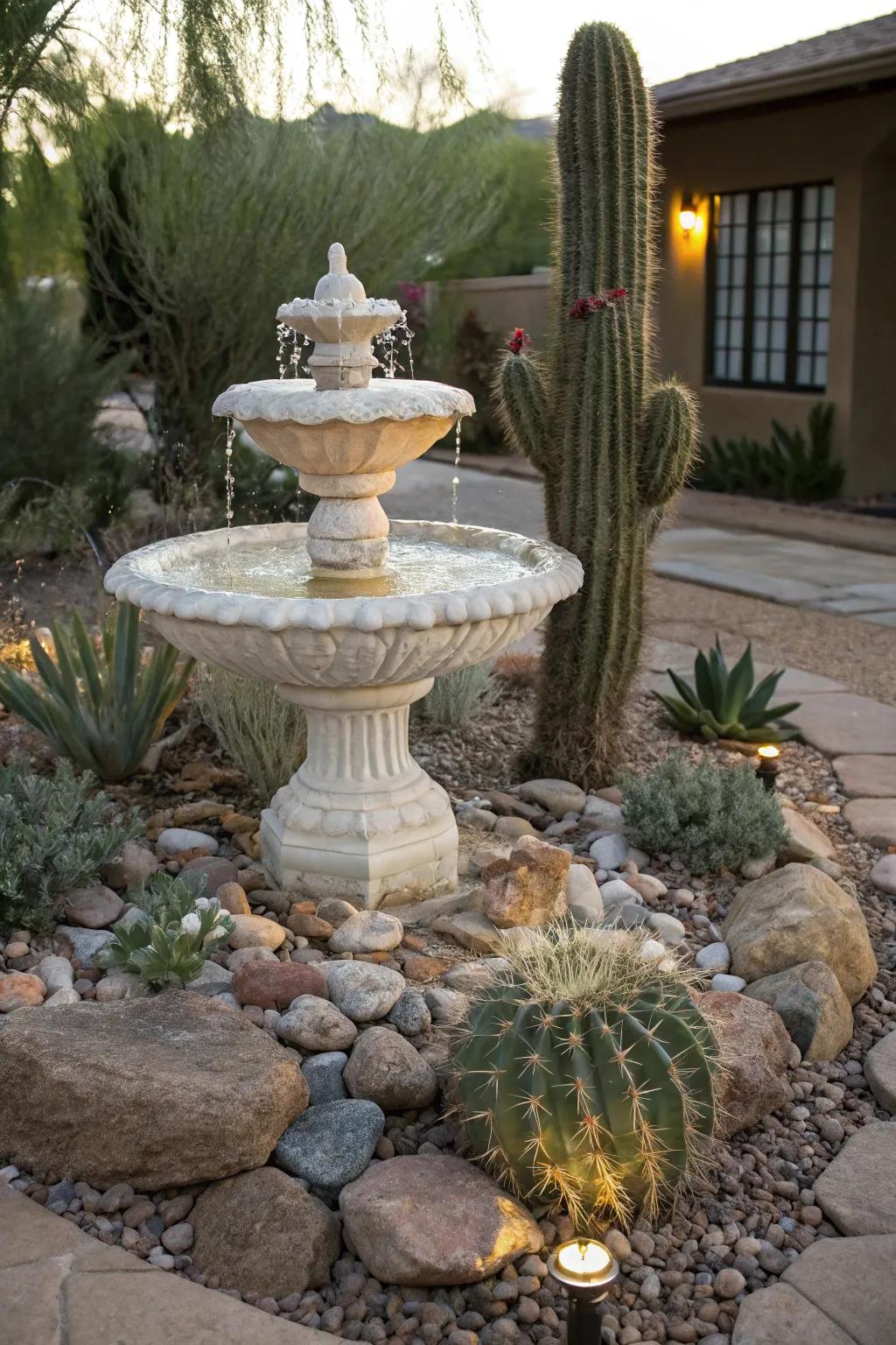 A water feature adds peace and a bit of surprise to desert gardens.