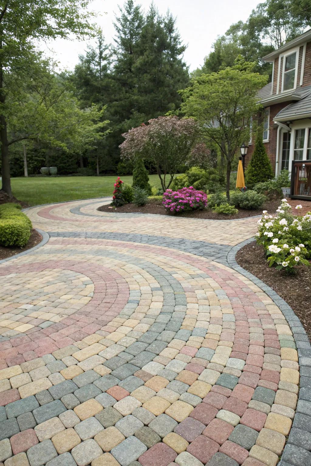A flagstone driveway featuring intricate patterns stands as evidence of meticulous design.