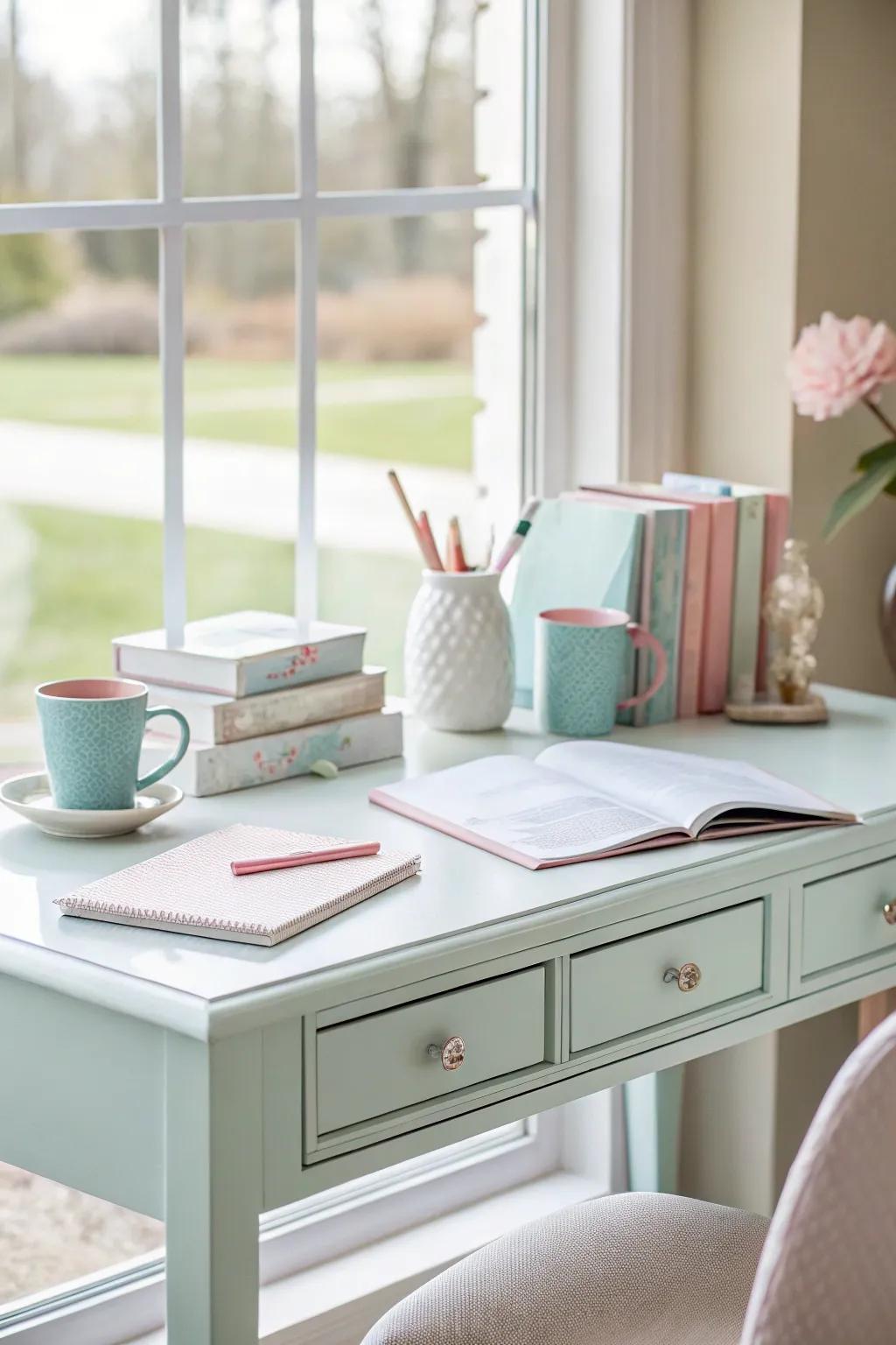 Neutral hues create a peaceful and focused workspace.