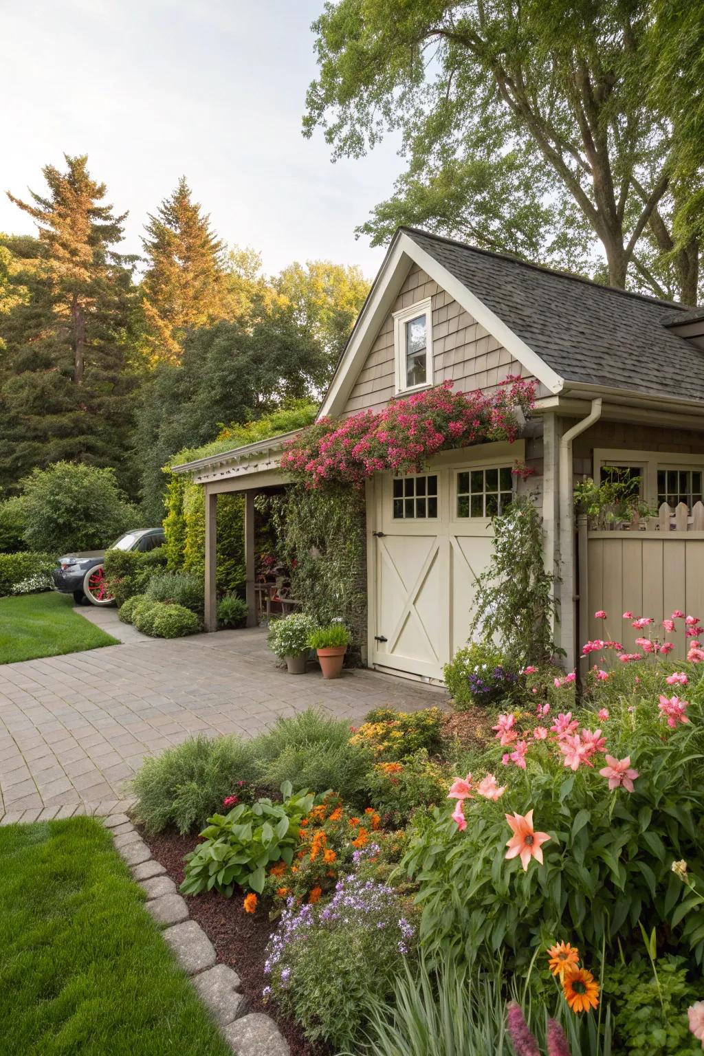 A garage that seems like an outcropping of your garden haven.