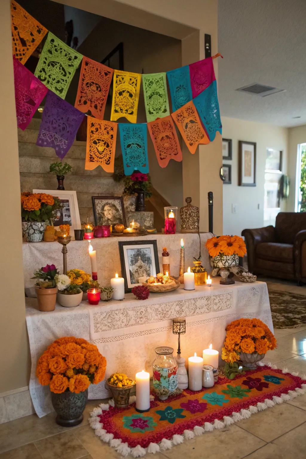 Perforated paper artistry infuses the altar with a celebratory and delicate aesthetic.