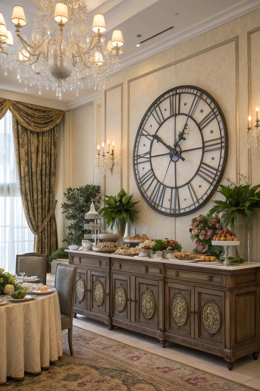 A grand clock acts as a functional and stylish focal point.