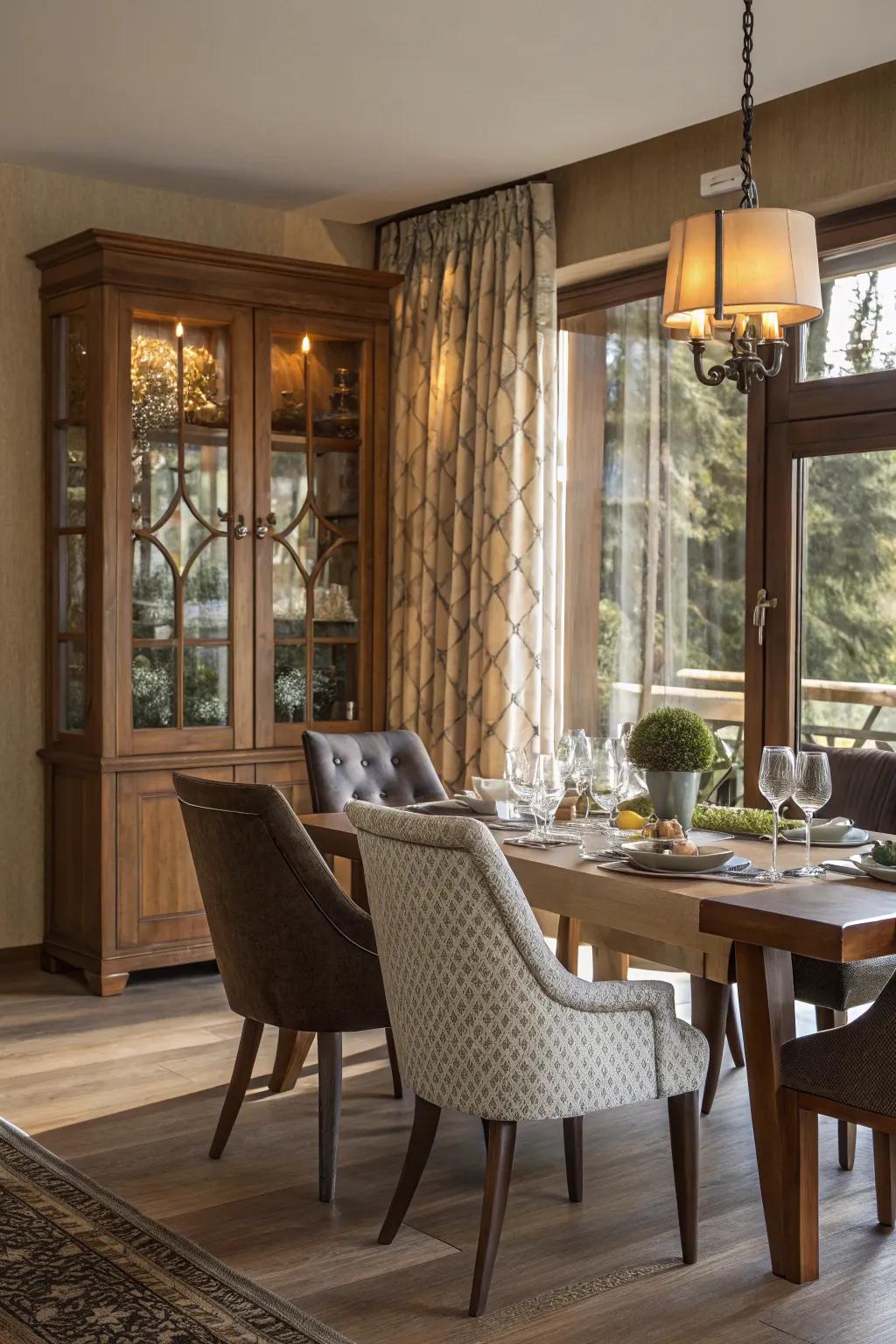 A harmonious mix of materials that results in a visually appealing dining space.