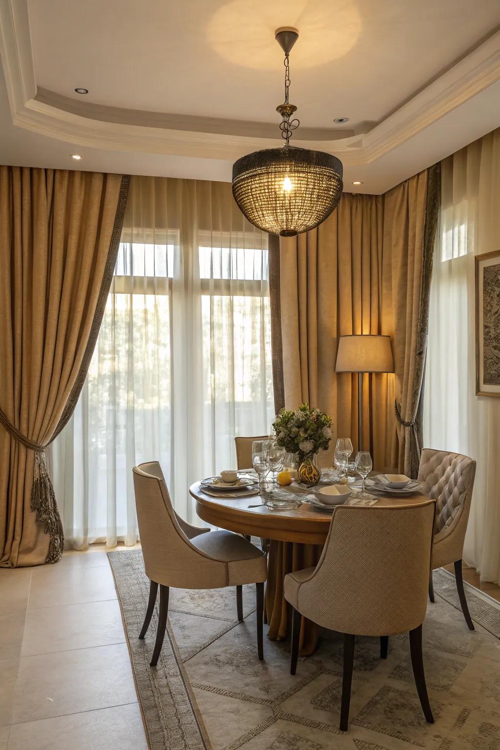 Harmonious covering and furniture coordination in a dining area.