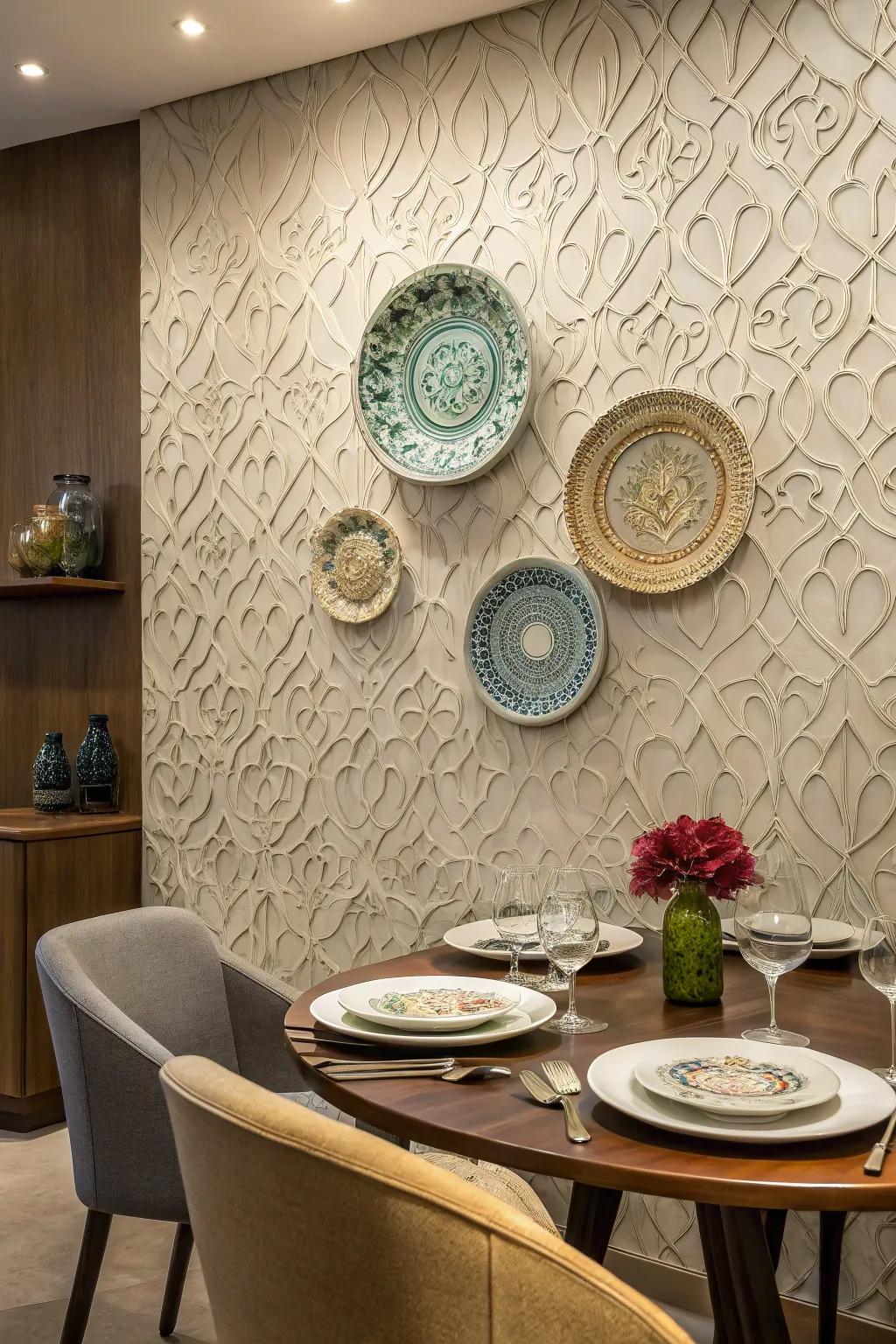 Textured walls amplify the dimension and appeal of plate exhibitions.