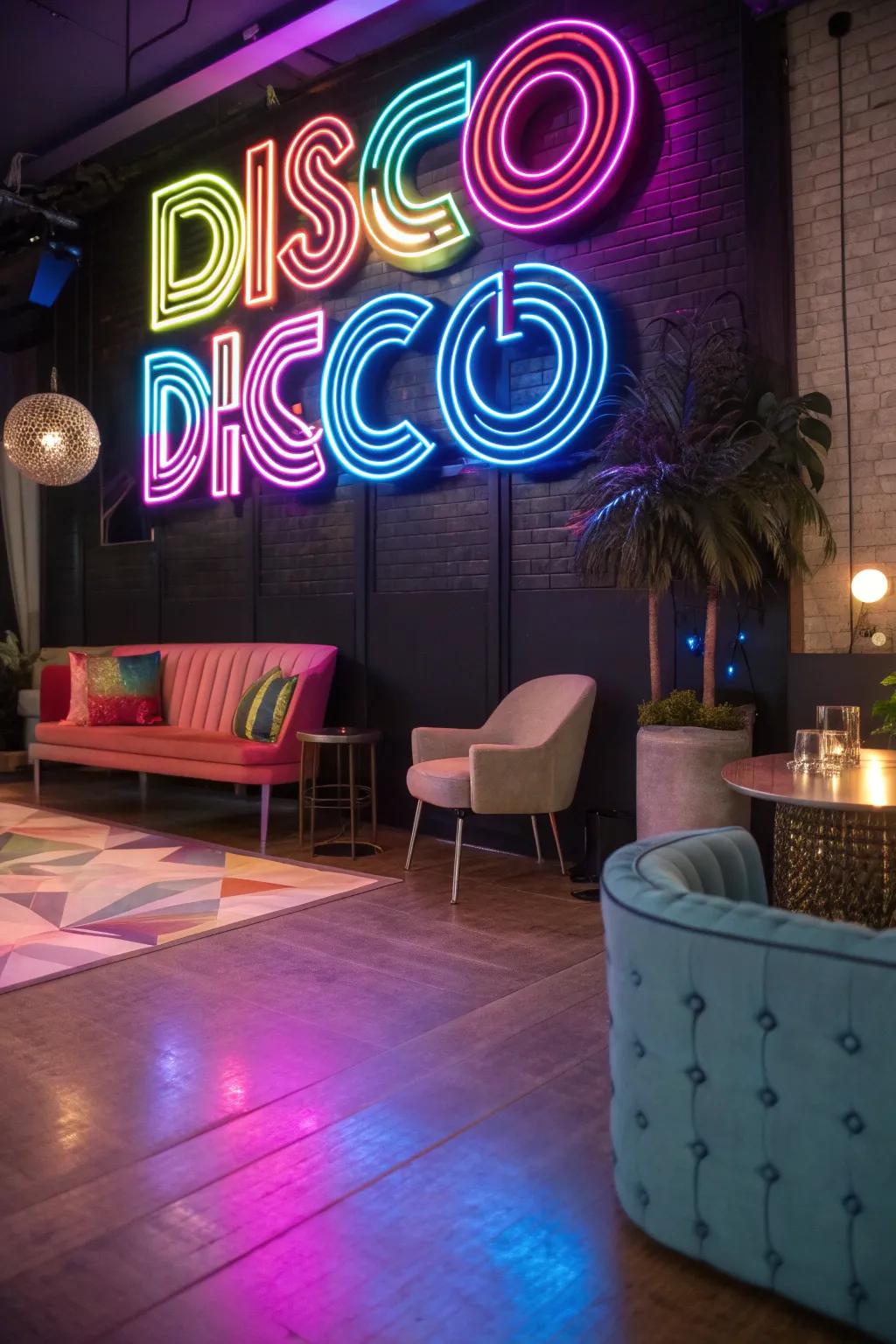 A neon sign background creates an Instagram-worthy spot for party pics.