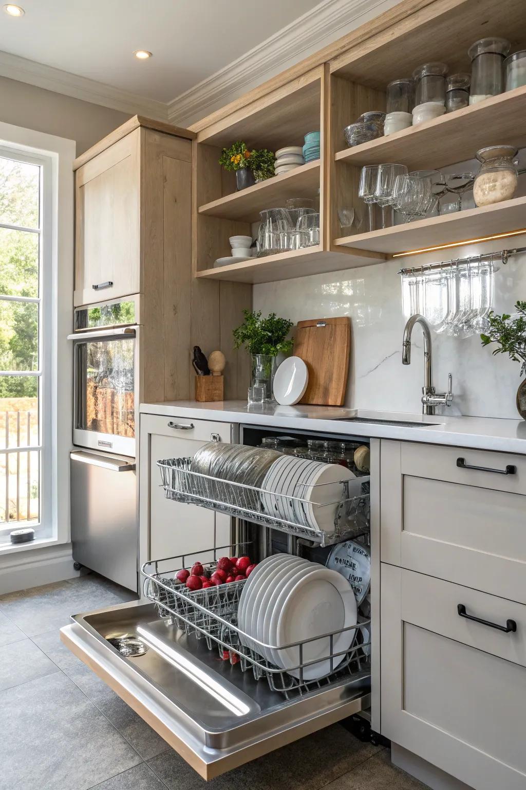 Open racking provides easy access to dinnerware and cooking area items.