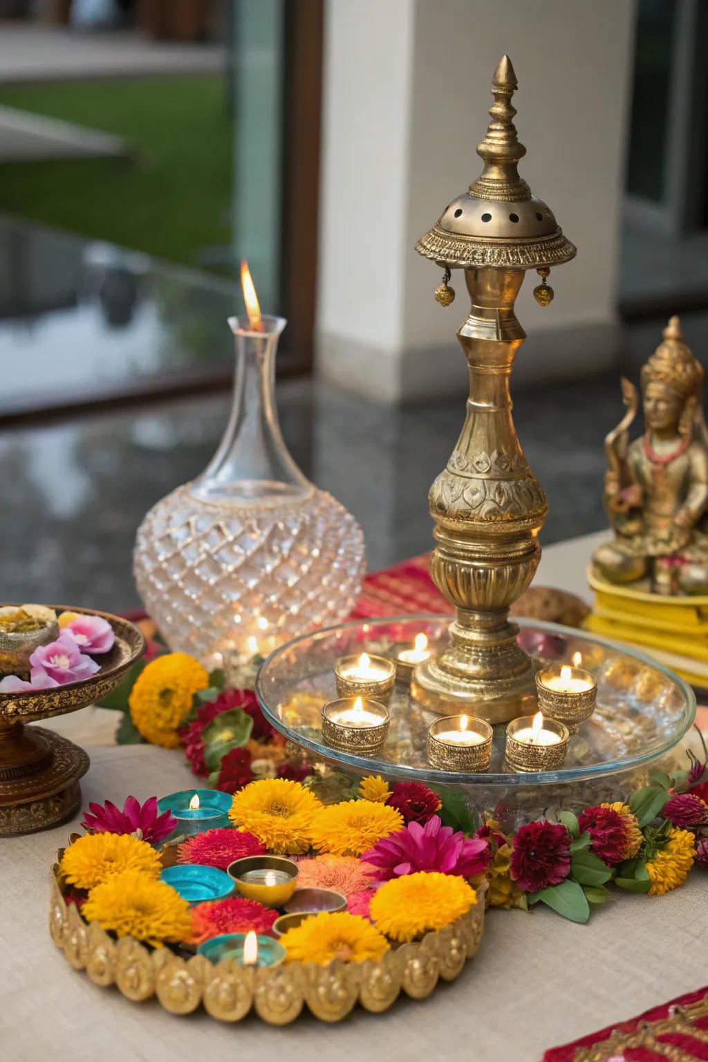 Festive centerpieces with glass and brass items add a hint of elegance to the table.