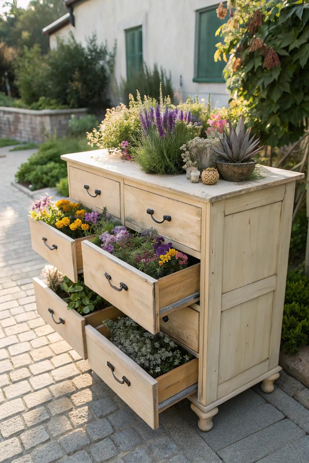 See how old furniture can shine again with this fun DIY planter idea&mdash;vintage meets floral beauty!
