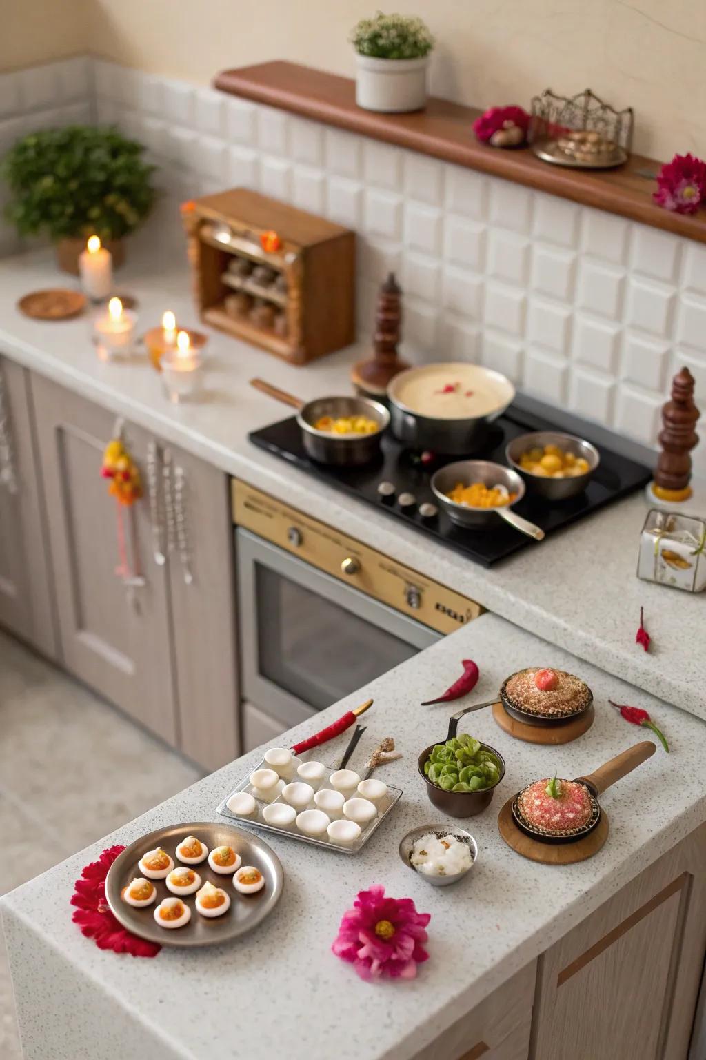A petite kitchen scene imparts warmth to the Golu display.