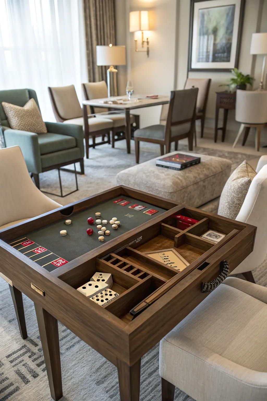 Concealed storage maintains organized gaming essentials.