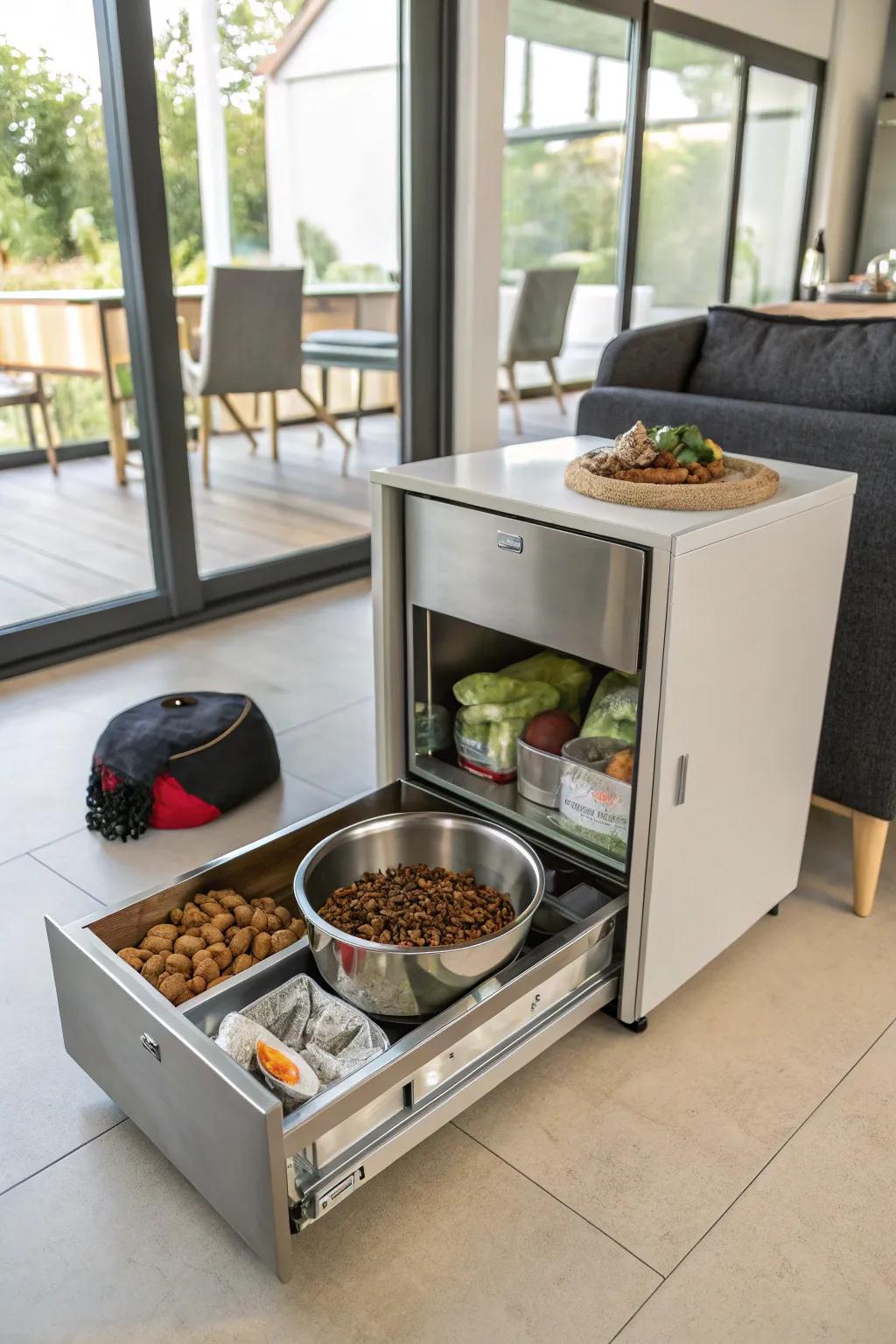 A sleek, modern integrated unit combines feeding and storage.