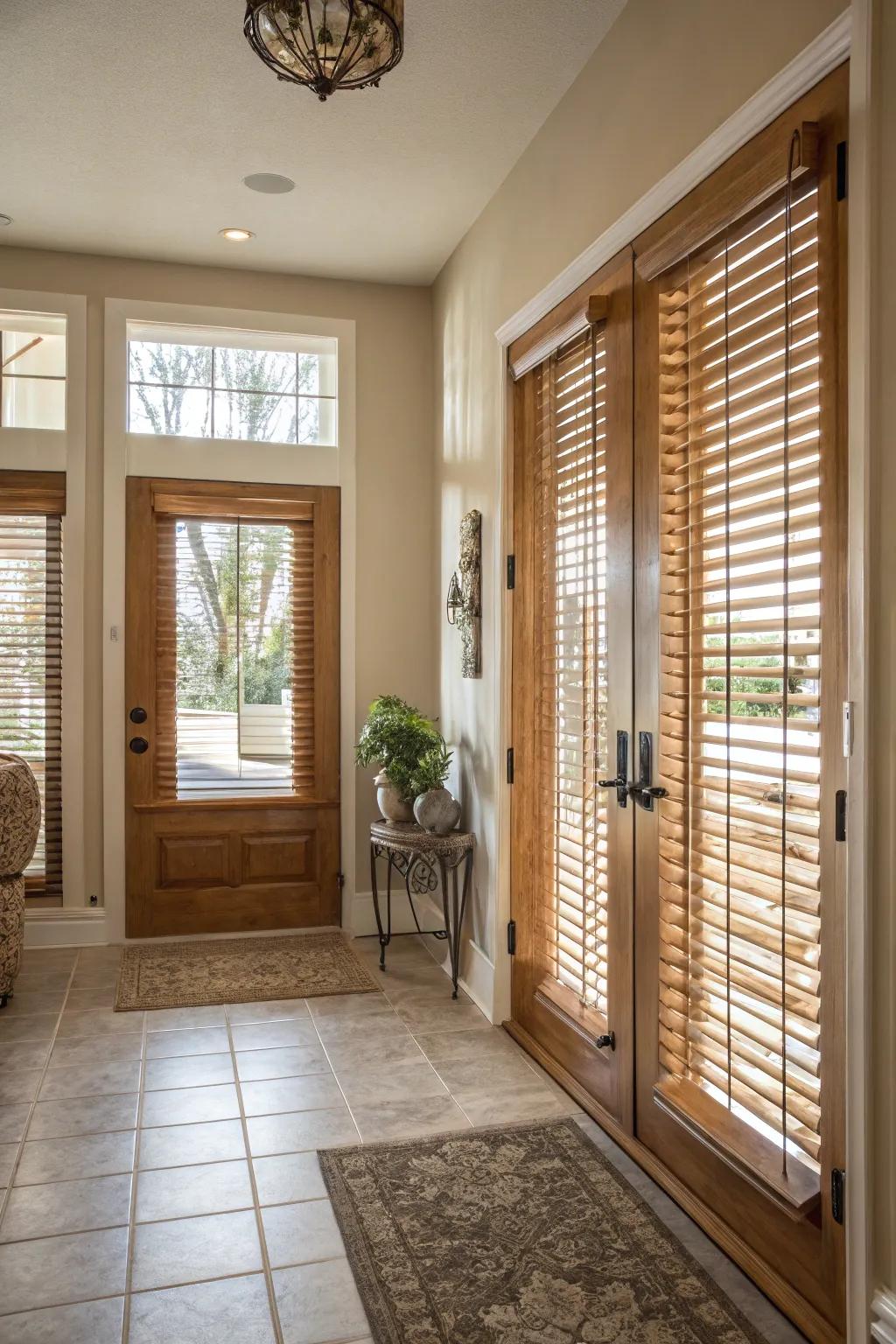 Wooden shutters offer natural warmth and privacy for door windows.