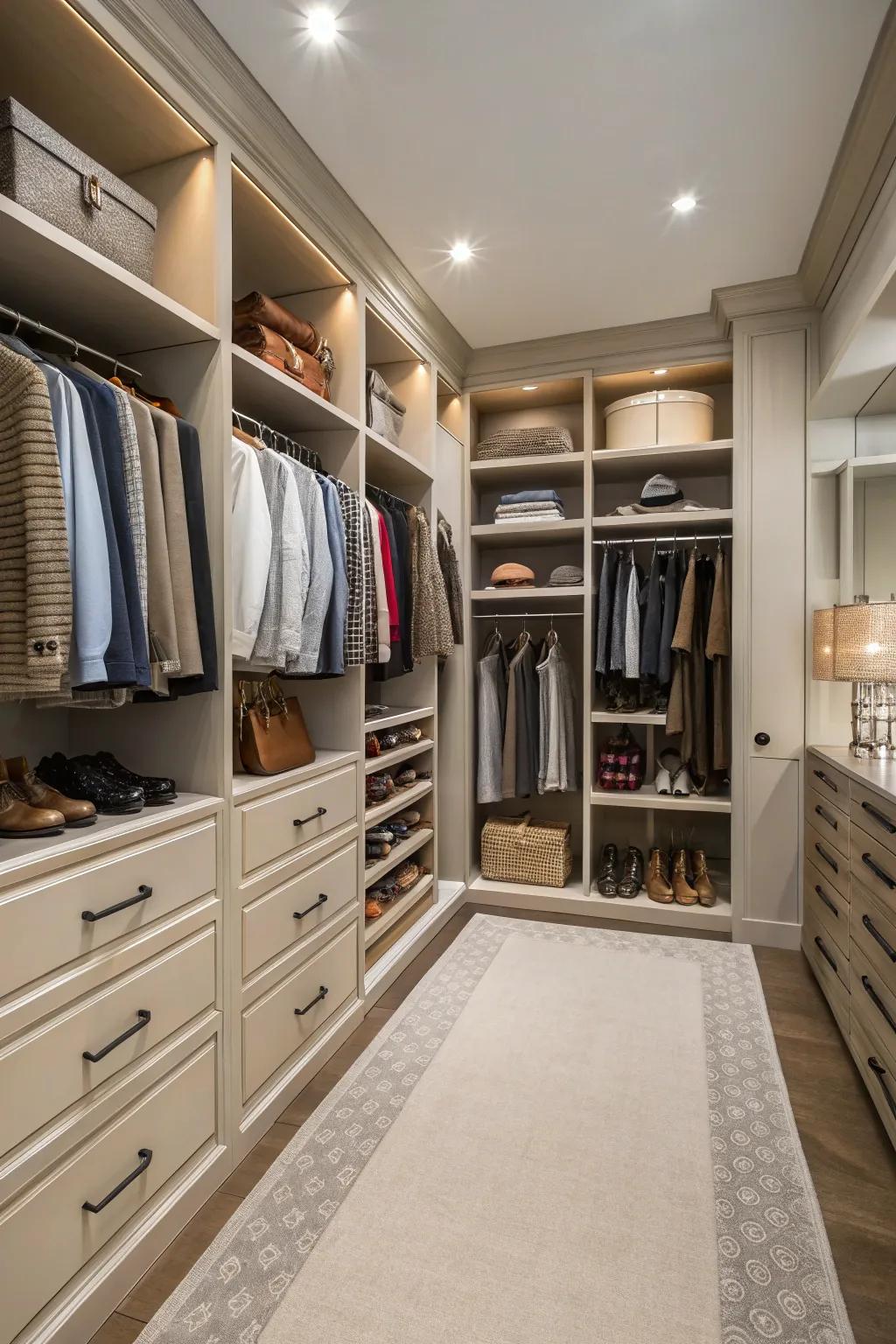 Walk-in features within a double closet offer a luxurious, practical mix.