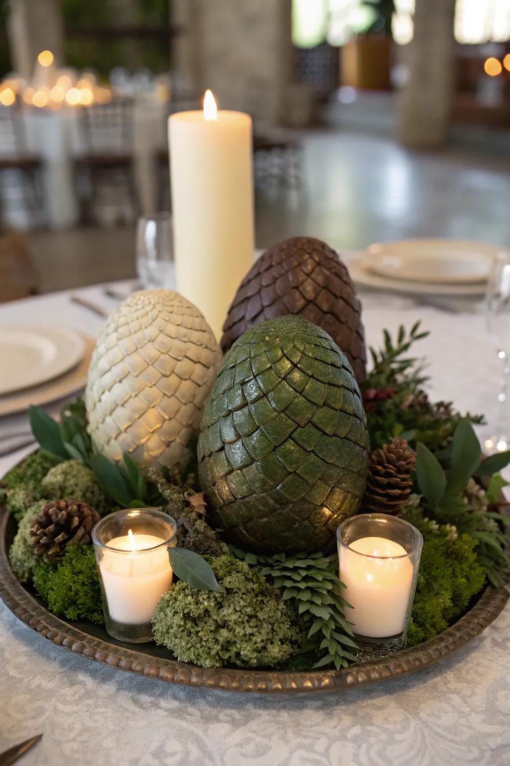 Dragon egg decorations infuse a whimsical element into the table arrangement.
