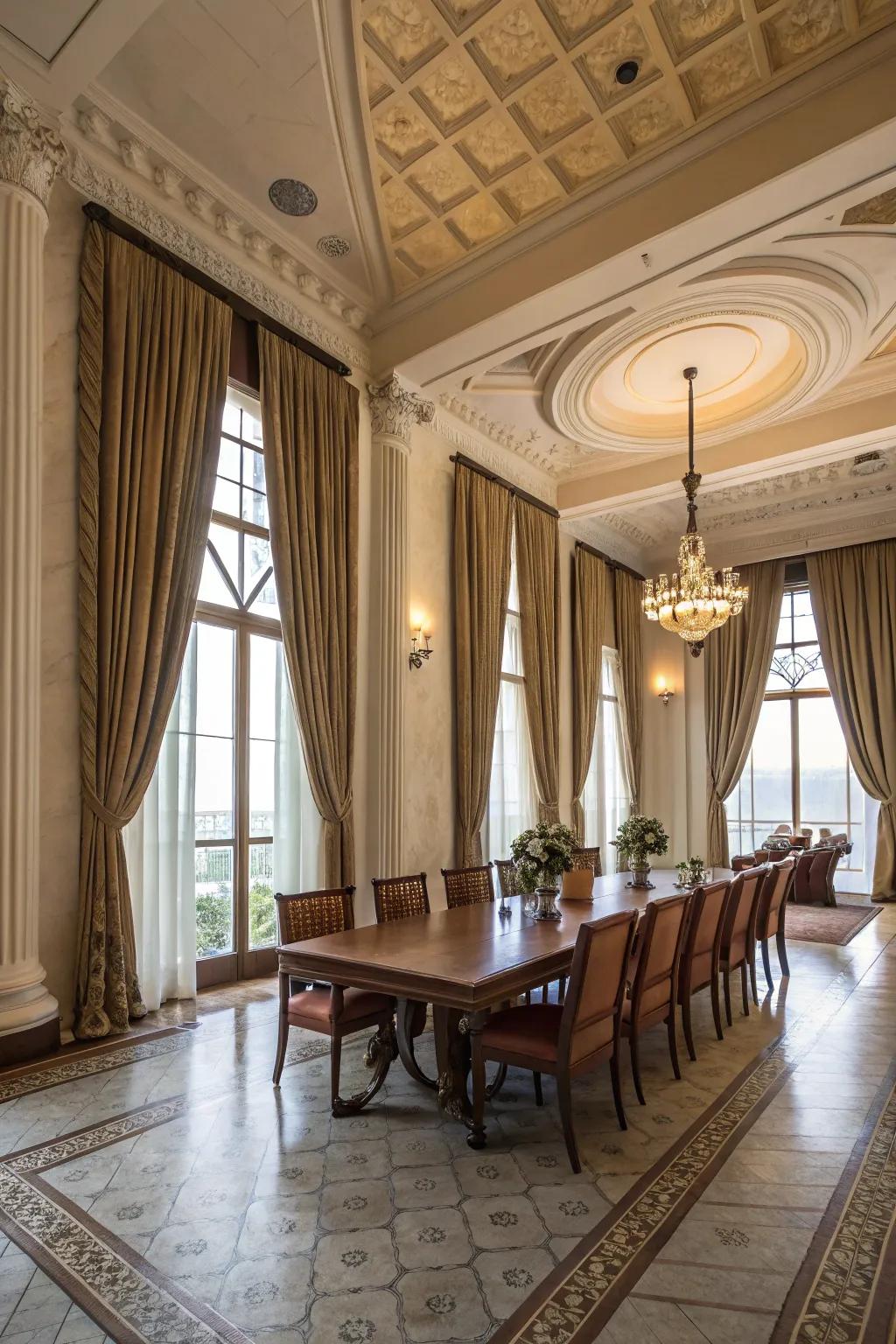 Full-length draperies amplifying the showmanship and refinement of a dining area.