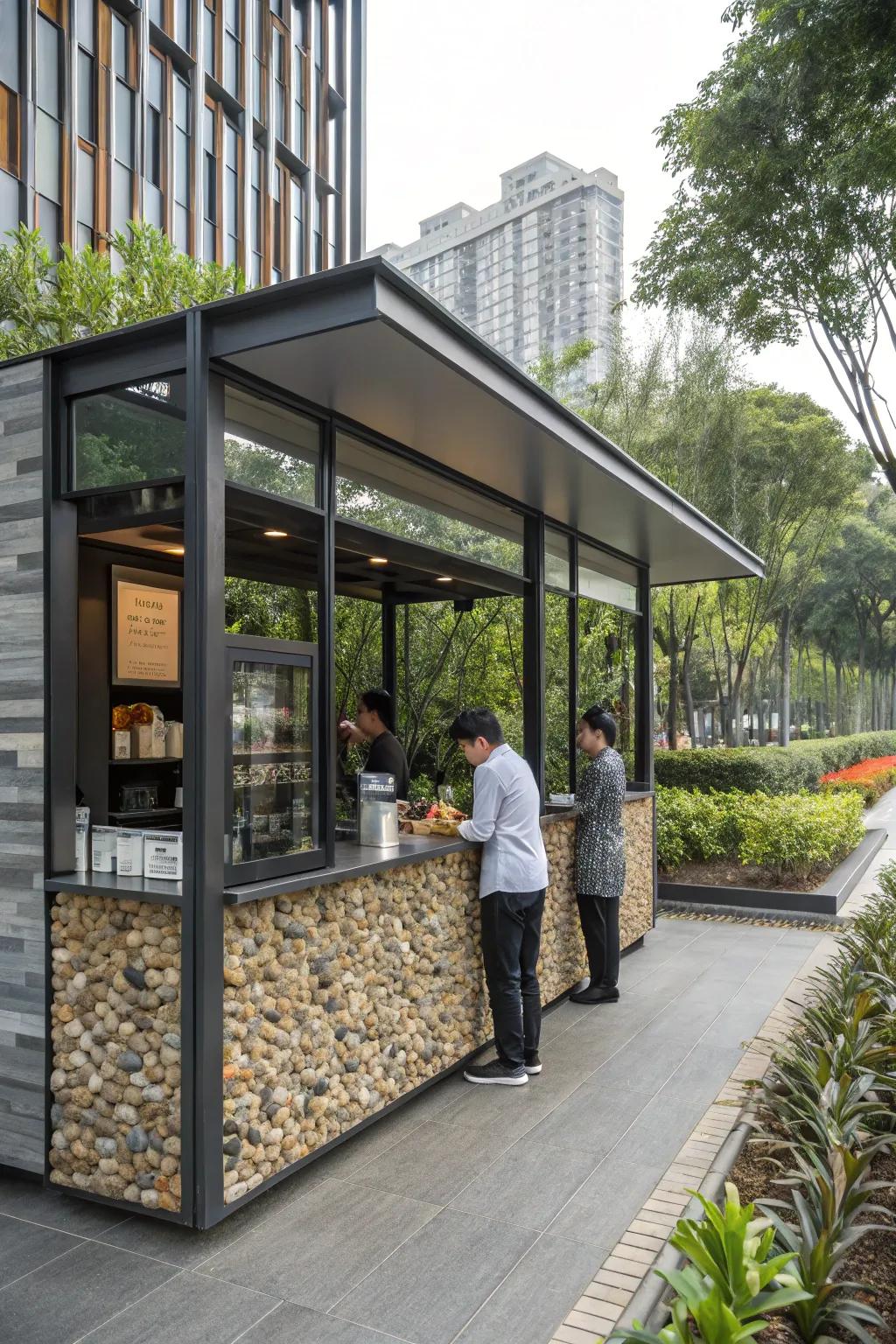 Drive-thru coffee shop incorporating diverse materials for a standout appearance.