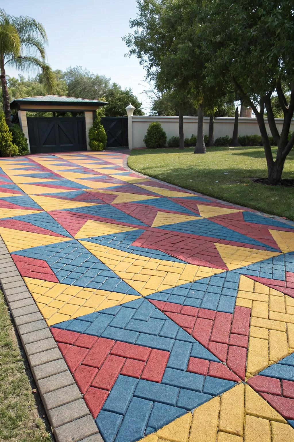 An artistic driveway with striking shape block patterns.