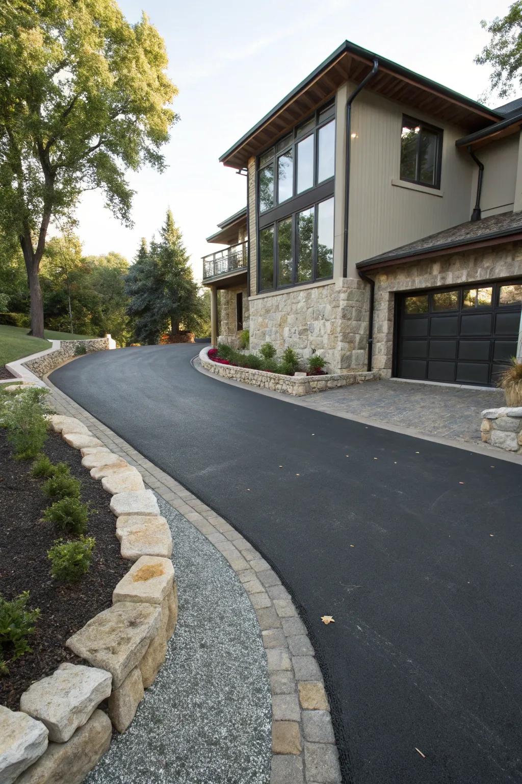 An asphalt driveway embellished with ornamental edging.