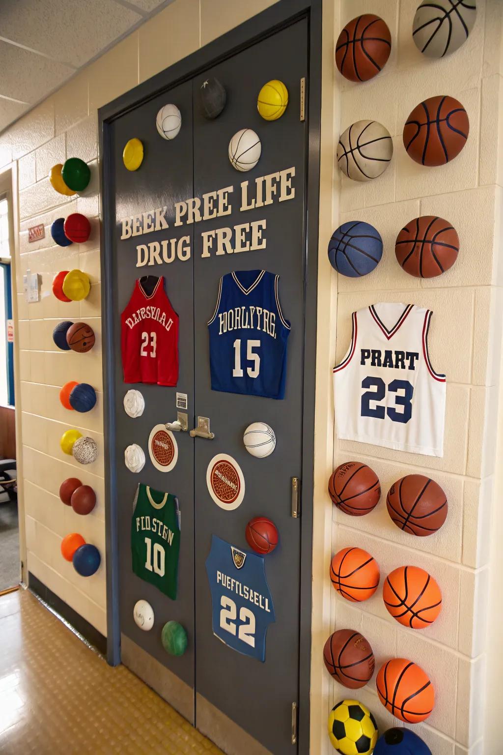 A sports-themed door decoration promoting a substance-free life.