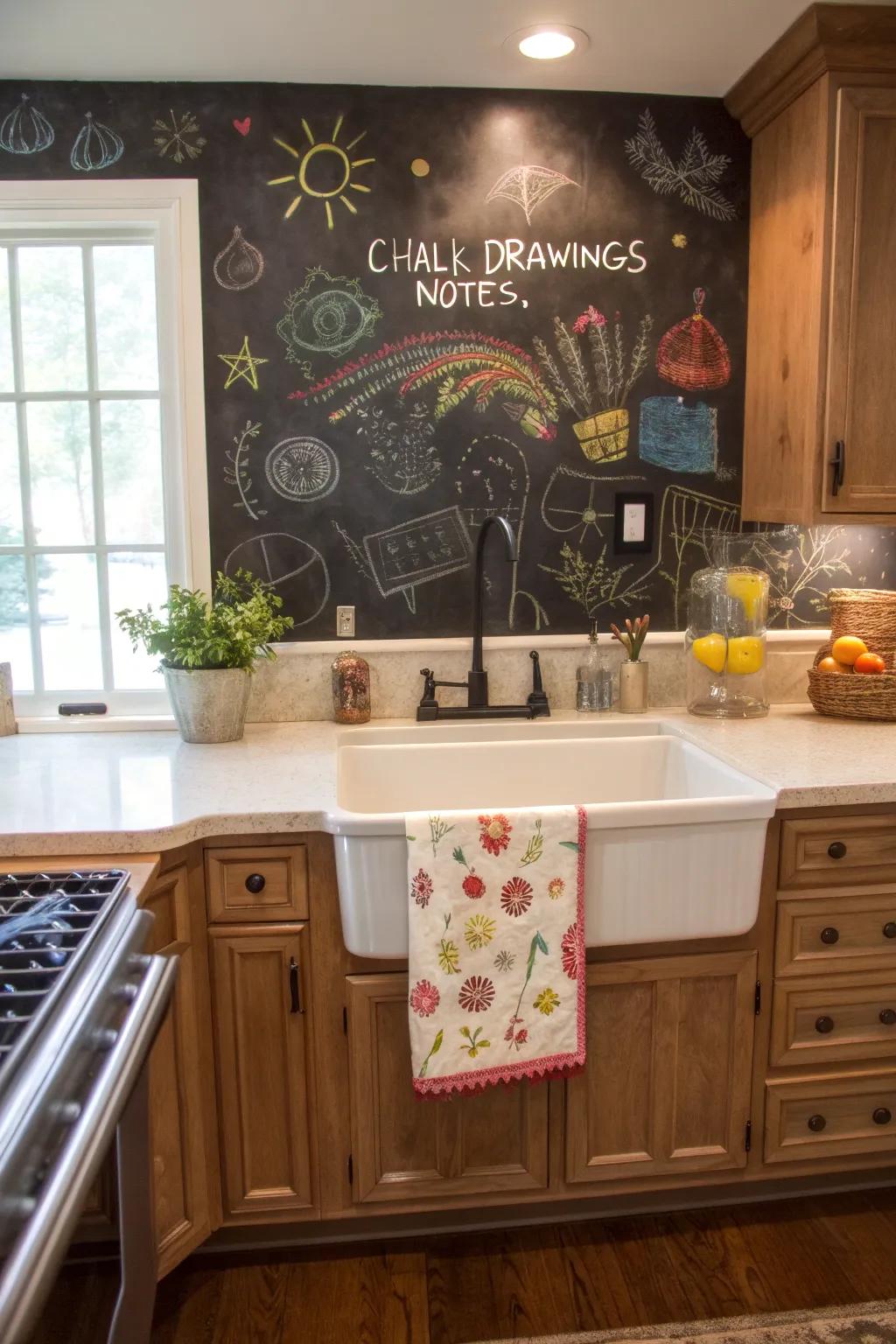 A playful chalkboard panel adds fun to this water closet table.