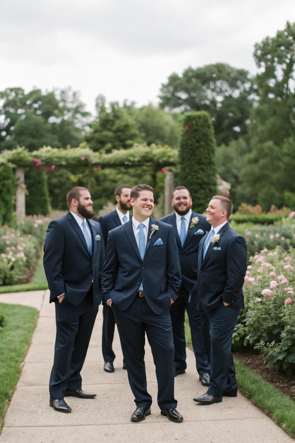 Groomsmen displaying elegant misty blue accents that ideally complement the wedding palette.