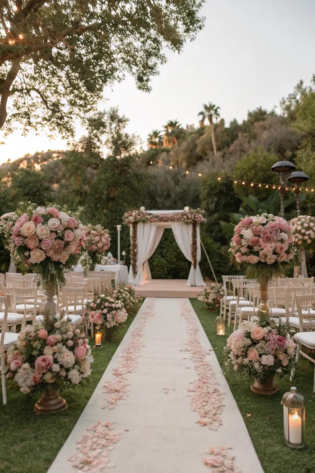 Exterior wedding setting enhanced with antique rose embellishments.