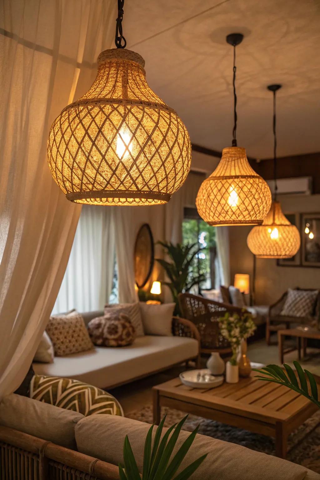 An interior bathed in the warm ambient glow from woven lamps.
