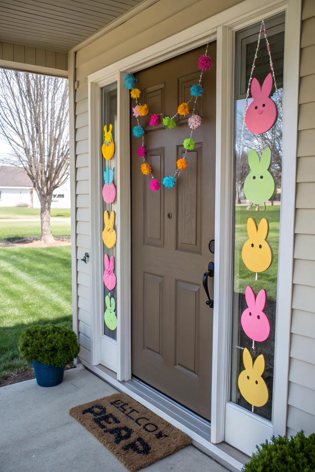 Candy-inspired entrance decor provides a joyful and colorful accent.